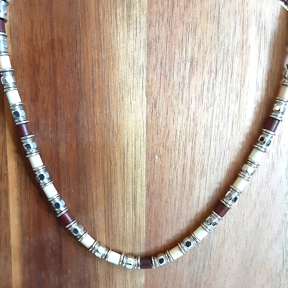 Beaded Necklace Men Women Unisex 18" Silver Brown Tan